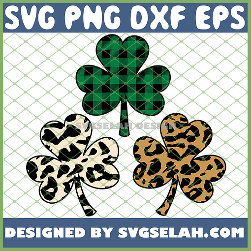 Three Leaf Clovers Green Buffalo Plaid Leopard Print Shamrock SVG PNG DXF EPS 1